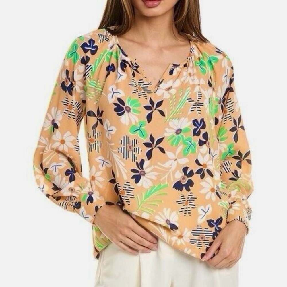 Cabi Island Tropical Floral Smocked Sleeve Split Neck Blouse 6296 Small